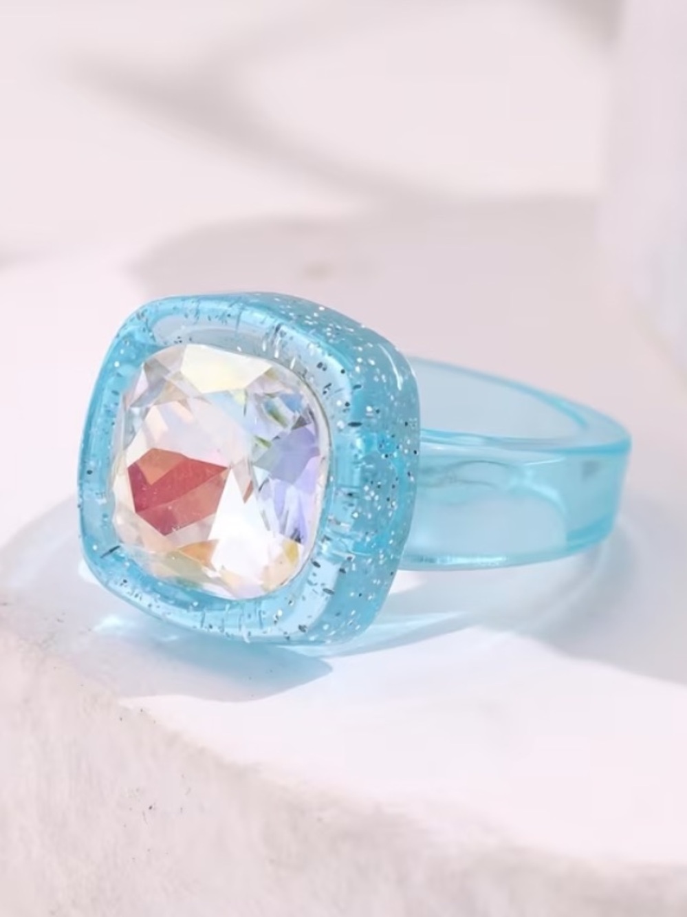 Blue & White Crystal Chunky Resin Ring Glitter Square Statement Ring 8 New